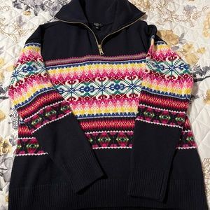Women’s Half zip Fair Isle navy pink mockneck sweater Talbots PS